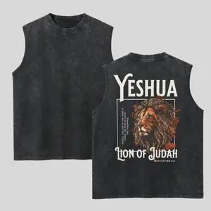 Yeshua Lion Of Judah Washed Tank Top, Gym Essential, Vintage Casual Crewneck Sleeveless Menswear Tops Classic Cotton Fabric Streetwear