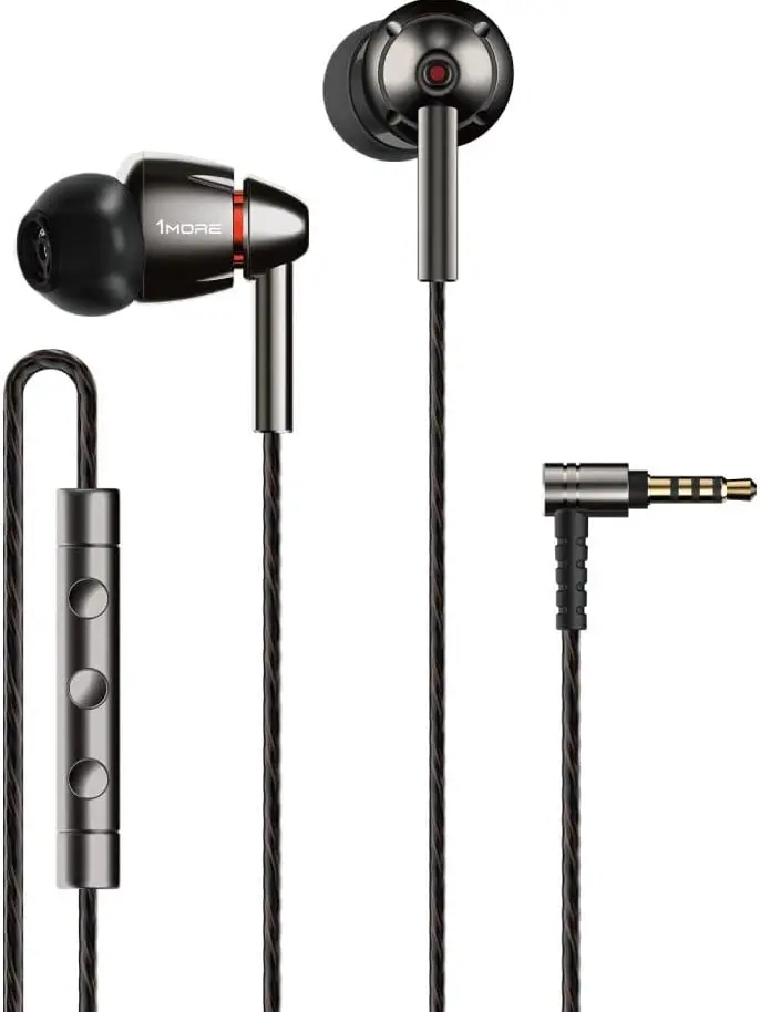 1MORE Quad Driver Electronic In-Ear Earbuds, Aluminium Wired Noise-Isolating Headphones with Warm Bass, Spacious Reproduction, In-Line Mic Remote for Smartphones/PC - Silver/Gray Audio