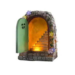 Resin Miniature Fairy Door Solar Powered Figurine 5.9 Inch with Flower Accents for Wall Tree Home Decor Halloween Christmas