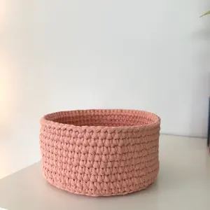Crocheted Basket 100% cotton rope. Color-Coral. For storage, organization and decor.