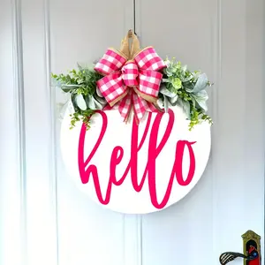 Hello Letter Design Door Hanger, 12 Inch Round Wooden Welcome Sign, Front Door Decoration, Spring Decor, Ornaments