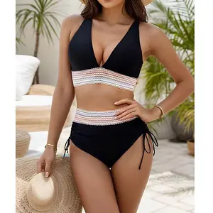 Women 2-pieces Stylish mom High Waisted Bikini Sets Tummy Control Swimsuits with Adjustable Wide Shoulder Straps Color Block Drawstring Bathing Suit