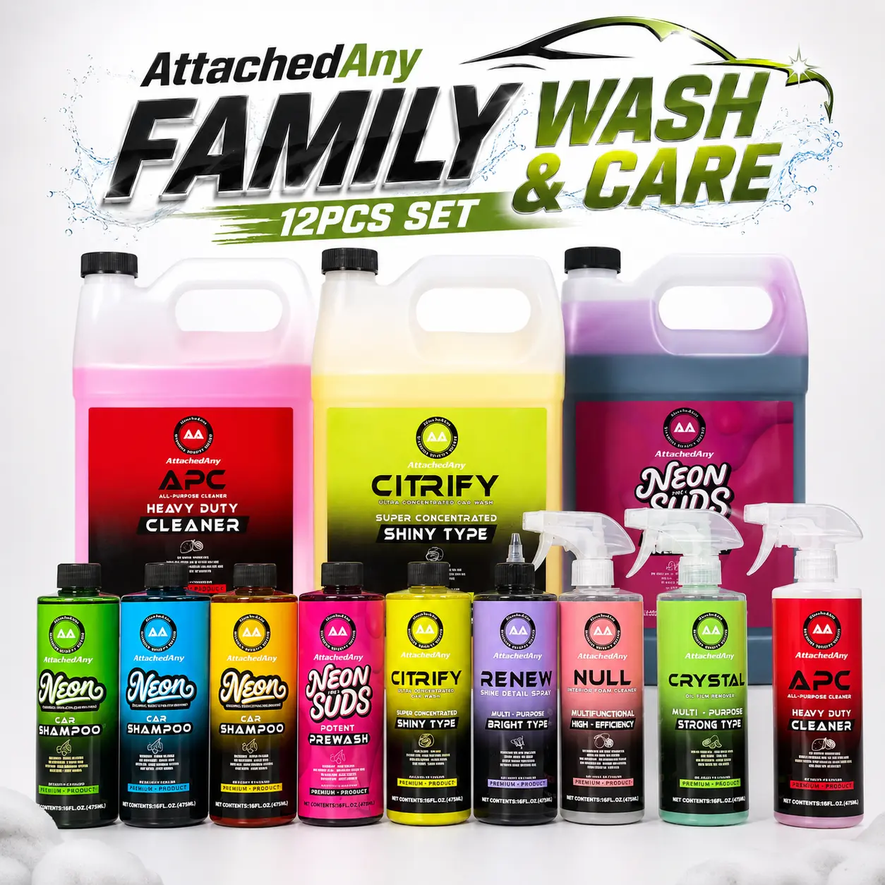 AttachedAny 12-Piece Multifunctional Car Cleaner Kit, Essential Car Washing Supplies for Family Vehicle Care & Maintenance Tasks