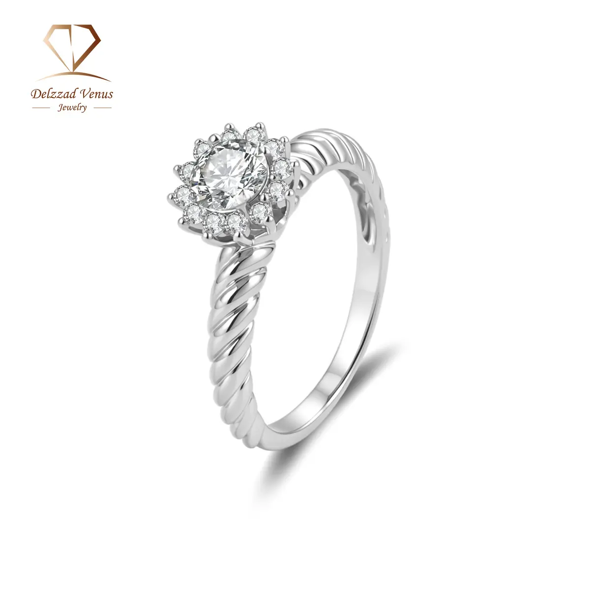 Delzzad 0.6ct Eternal Sunburst Ring Flower Halo Engagement Ring Twisted Band Classic Rope Halo Ring VVS Synthetic Moissanite Ring Jewelry Copper Band Perfect Birthday Engagement Wedding Anniversary Christmas Valentine's Day Mother's Day Gift