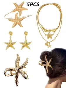 Starfish 5-Piece Alloy Jewelry Set, Layered Necklace, Drop Earrings, Bangle, Hair Clip, Perfect for Summer Beach Vacations