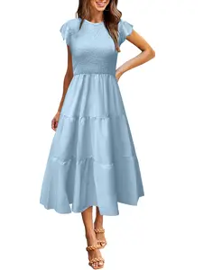Women's Solid Color Ruched Pleated Short Sleeve Dress, Comfortable Versatile Casual Midi Commuter Dress, Multiple Colors Available