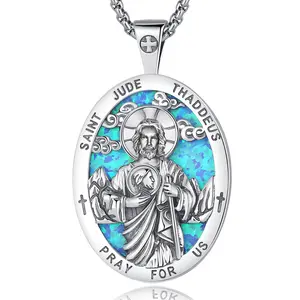Eudora S925 Sliver Saint Jude Thaddeus Pendant, Patron Saint Medal With Full Blue Opal, Religious St.Jude Necklace, Faithul Christian Jewelry Gift