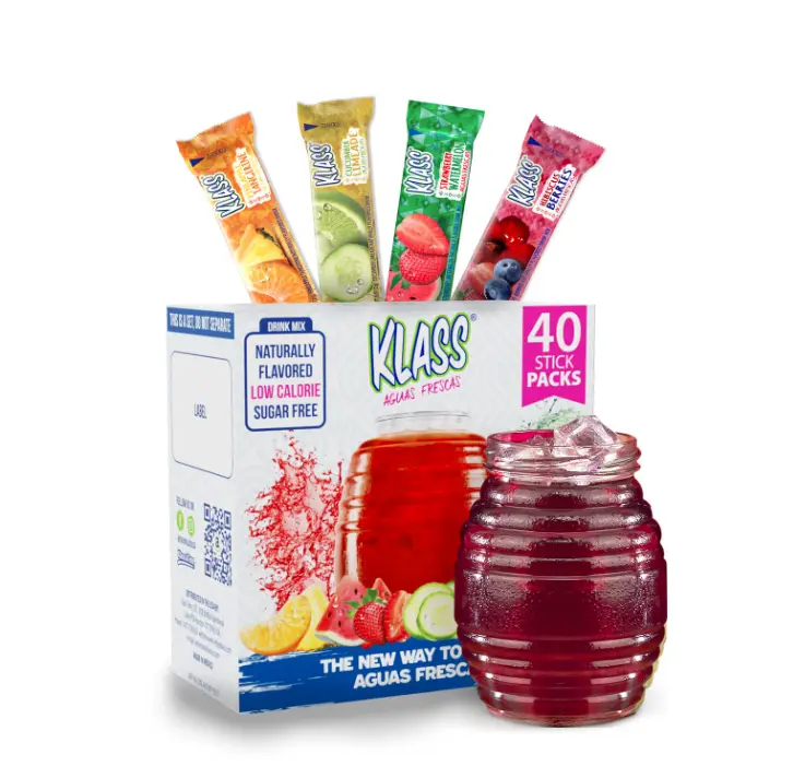 Klass Aguas Frescas, Powdered Drink Mix Variety Pack, 40 Singles Zero Sugar & Caffeine-Free Powder Packets, Water Drink Mix, Flavors: Cucumber Limeade, Strawberry Watermelon, Hibiscus Berries & Pineapple Tangerine - 5 Calories Per Packet & Natural Flavors