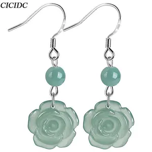 Natural Jadeite Blue Water Rose Earrings Jadeite Stone Personalized Women's Earrings Sterling Silver