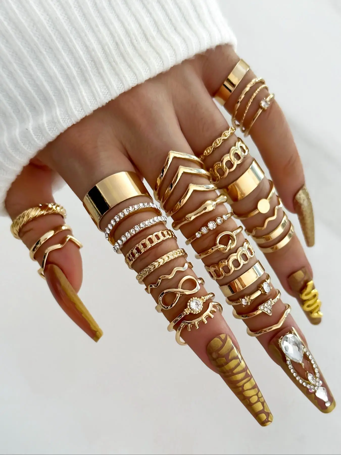 Fashion Hollow Out Rhinestone Decorated Fashion Stackable Rings Set, 30pcs Fashion Jewelry for Party, Daily Clothing Decor, Trendy All-match & Exquisi