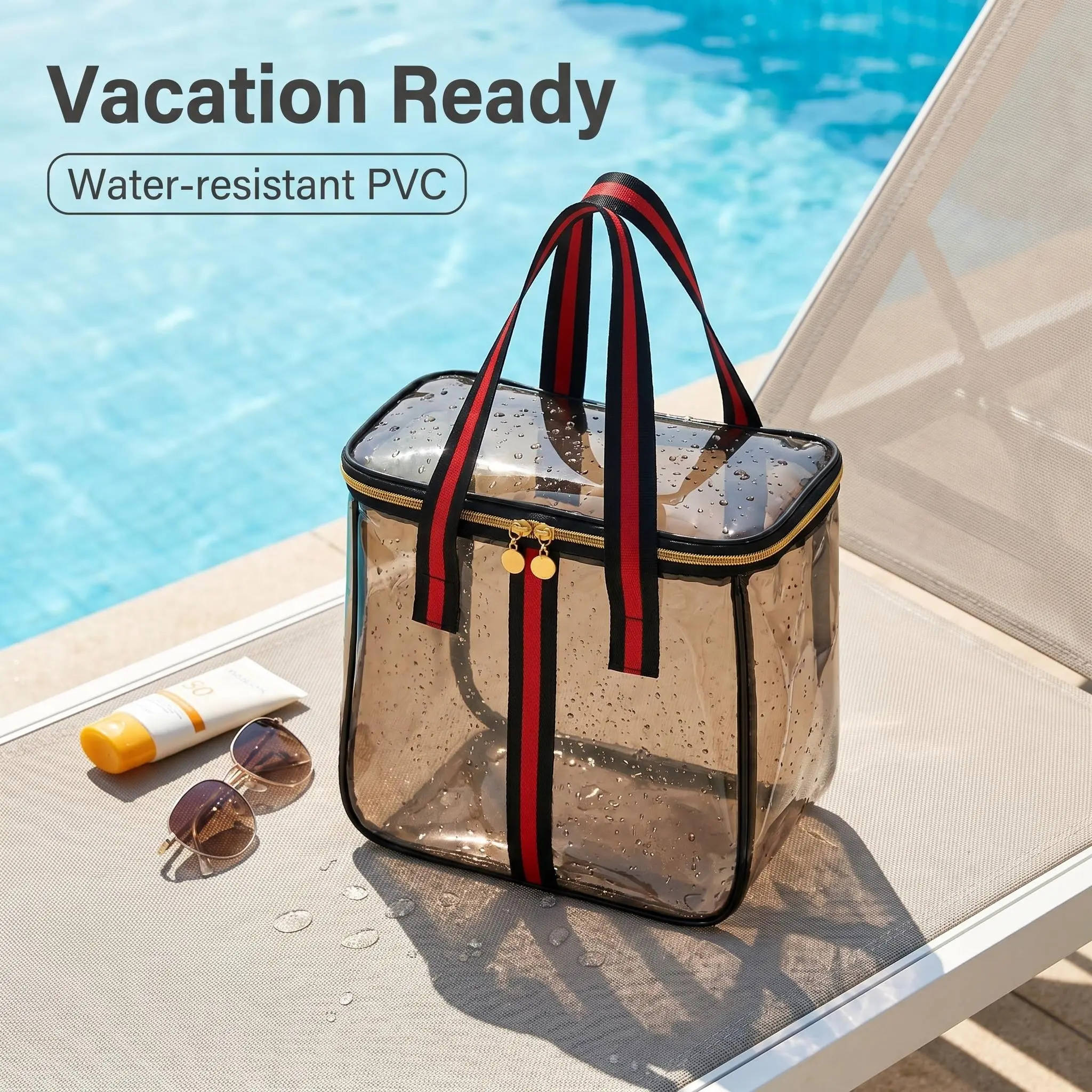 Smoky Translucent Brown PVC Makeup Bag, Red Black Striped Handheld Large Capacity Toiletry Organizer for Travel & Beach,Premium Waterproof Transparent Storage Bag