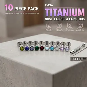 10pcs F136 Titanium Stud & Hoop 7mm Zirconia Nose Ring Earring Hypoallergenic Titanium Brighter Than Diamond Bling Unisex Ultra-Light Frame Scratch-Proof Metal Luxe Body Jewelry