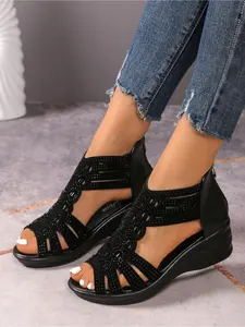 2026 Summer New Rhinestone Roman Sandals for Women, Soft Sole Non-slip Wedge Heel Peep Toe Shoes, Comfortable Versatile Casual Boots, Glitter Sandal