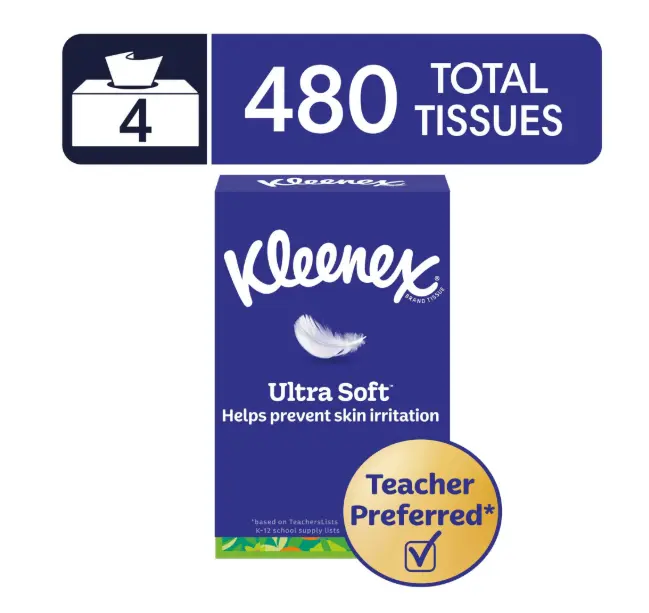 Kleenex Ultra Soft 3-Ply Flat Box Facial Tissues, 4 Pack (480 Total Tissues)