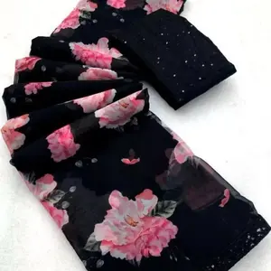 Indian DESIGNER GEORGETTE PRINT WITH BLACK SEQUENCE WORK LACE BORDER SAREE unsti