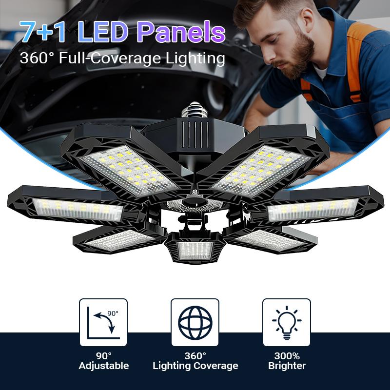 【2-Pack】FOLDABLE GARAGE LIGHT 600W 60000LM Deformable Bright Shop Ceiling Bulb Lamps E26/E27 6500k Barn Warehouse Garage Foldable 7+1 Panel Work Light Super Bright Illumination Easy Installation