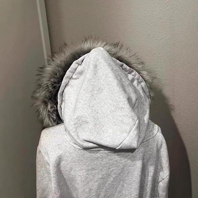 Grunge Fur Hood Zip Up Hoodie Women Teen Girls Y2k Emo Goth 2000s Sweatshirts Cute Fall Winter Crop Coats