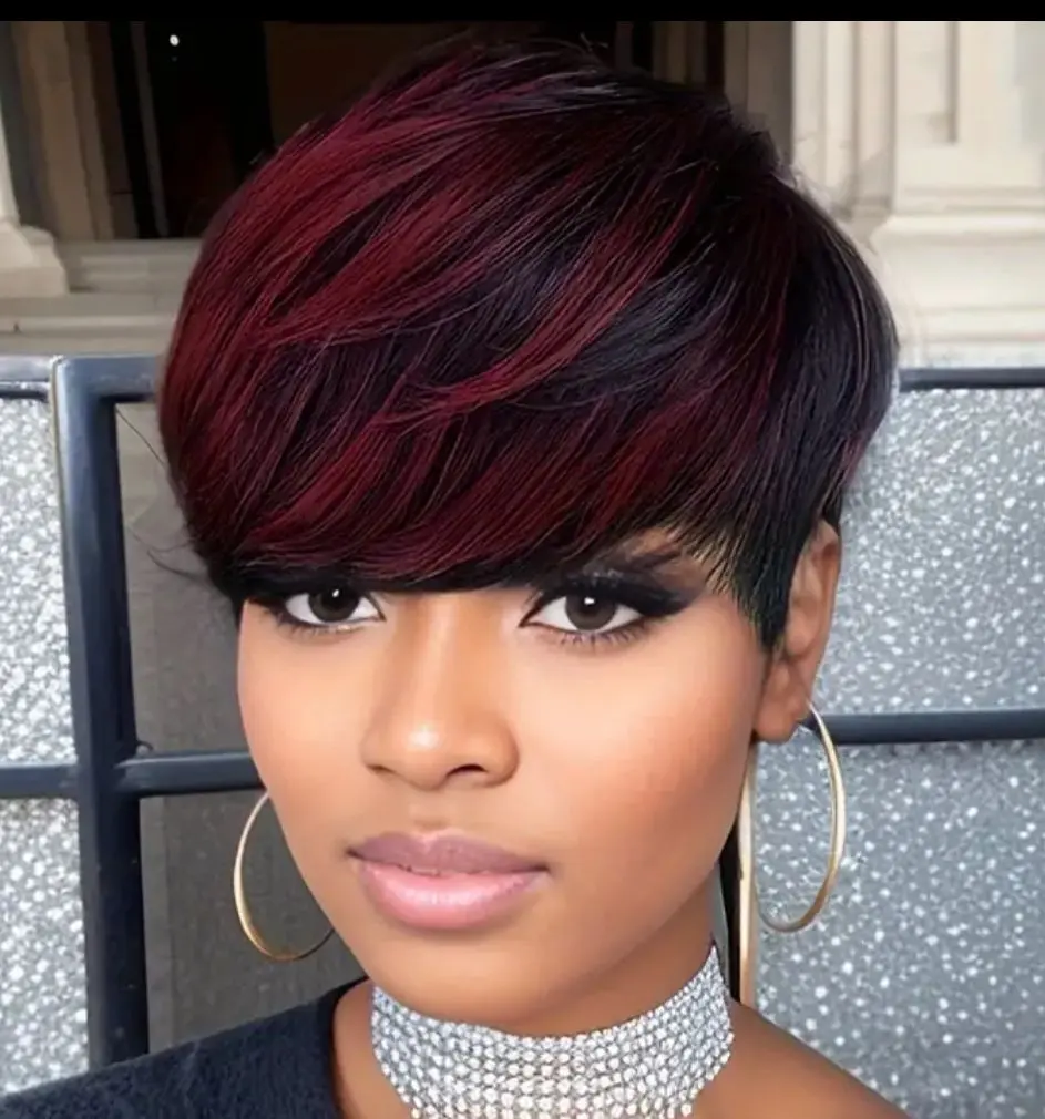Black Burgundy Pixie Wig for Women - Glueless Short Pixie Cut with Bangs, Density Machine-Made Wig, Layered Full Mane & Elastic Net Cap, Straight Hair (1B/99J) for Daily Wear & Special Occasions style color u