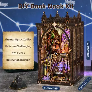 Mystic Zodiac Wizard Book Nook, 3D Wooden Puzzle Dollhouse Kit, DIY Decorative Model & Wooden Handmade Puzzle, Fairy Tale Book Nook with Light, Wooden House Kit for Adults, Bookshelf Decor & Light Gift for Adults 14+