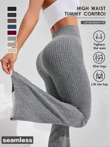 Women's High Waist Sporty Gym Yoga Pants, Slim-Fitting Ruched Leggings, All-Season Plain Design, Perfect for Running & Daily Wear, High Waist Ribbed, High Stretch Leggings