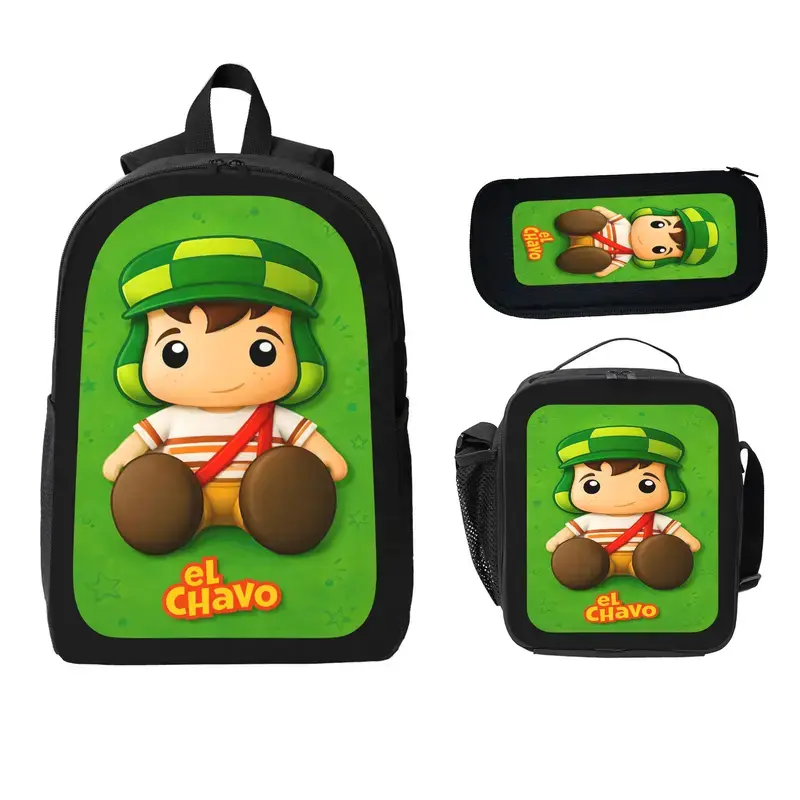 Fashion El Chavo Backpack Large Capacity Commuter Bag Cartoon Casual Backpack Set 3 pc Backpack Lunch Bag Pencil Case Laptop Daypack Travel School Bag Unisex Durable Back To School Gift Summer Backpack Set-2D