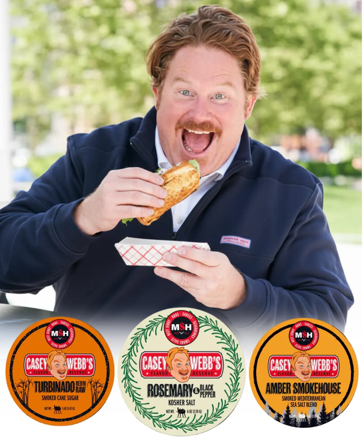 Casey Webb's Flavor Reserve Collection Seasoning Sampler Spicy Bbq Spice Rosemary & Black Pepper Kosher Salt Turbinado Red & Raw Smoked Cane Sugar Amber Smokehouse Smoked Mediterranean Sea Salt Blend