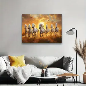 [2D flat] 1pc Wooden Frame Canvas, Seven White Horses Running Sunset Landscape, Exquisite Poster, Fashion Living Room Decoration, Modern Art, Bedroom Poster, High Definition Home Poster, Ideal Gift, Waterproof, Printing, Art