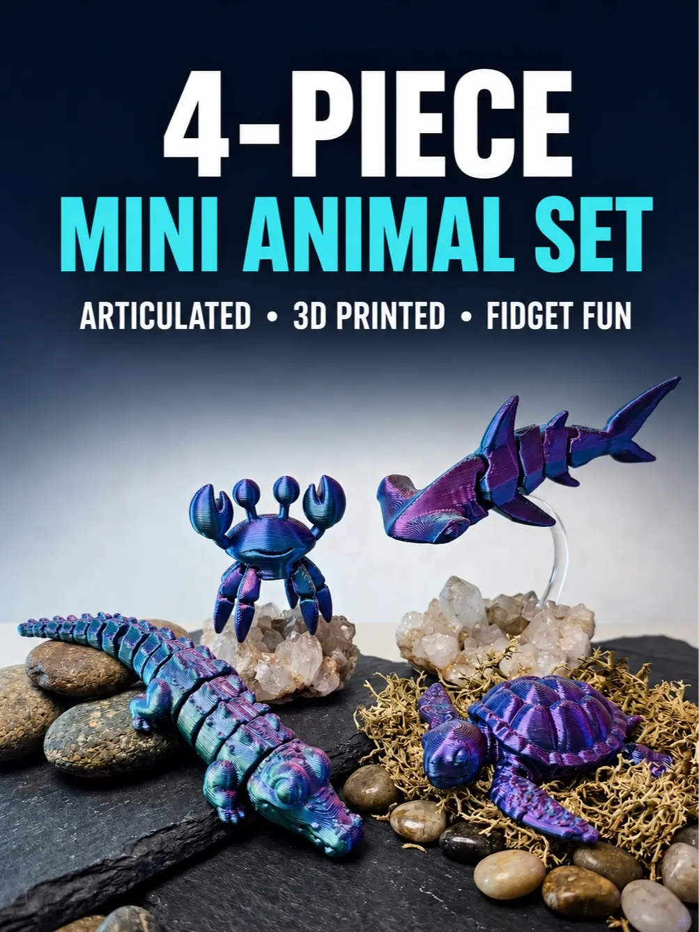 4-Piece Mini Articulated Animal Set – Alligator, Crab, Hammerhead Shark & Sea Turtle – 3D Printed Fidget Collectibles