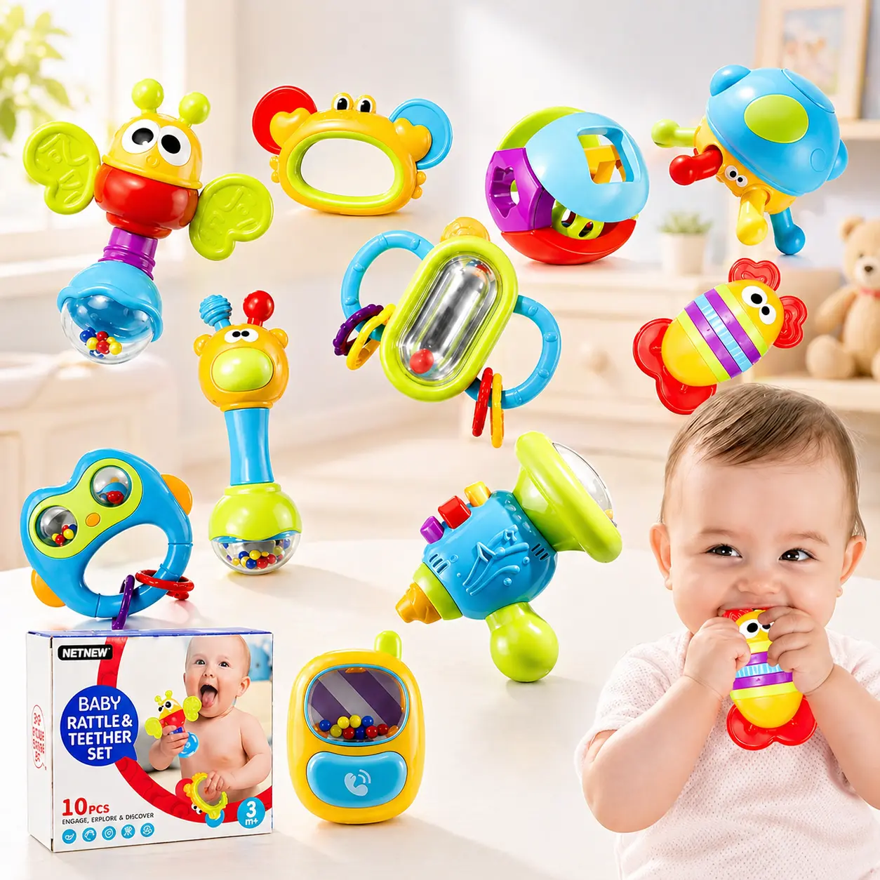 Baby Rattle and Teether Set, 10 PCS Infant Grab and Shake Toys with Sensory Grips, Colors and Fine Motor Skill Play