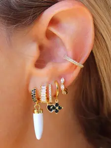 6Pcs Stunning 24K Gold Plated Cubic Zirconia Cuff Earrings Set For Women Black Zircon Hoop Earrings Pack Flower Heart Drop Dangle Earrings Stack