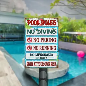 Pool Rules No Diving Aluminum Sign, 8x12 Inch Rustic Vintage Wall-Mounted Pool Safety Sign with 6 Rules, Weather-Resistant for Indoor/Outdoor Use, Home & Public Pool Decor