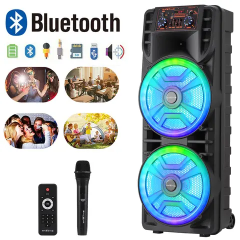 Portable Bluetooth Speaker Dual 12" Woofer Wireless Microphone Karaoke Machine PA Speaker System DJ LED Lights For Party indoor Outdoor USB/TF/BT/AUX/TWS