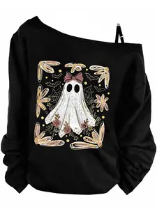 Halloween Essential Strap Shoulder Long Sleeve Set, Cute Ghost & Flower Print, Y2K Style, Adjustable Straps, Spring & Fall Fashion