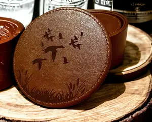 Duck Scenery Leather Coaster Set - Handcrafted Drink Coasters - 6 Piece Wildlife Coasters with Holder - Rustic Home Decor