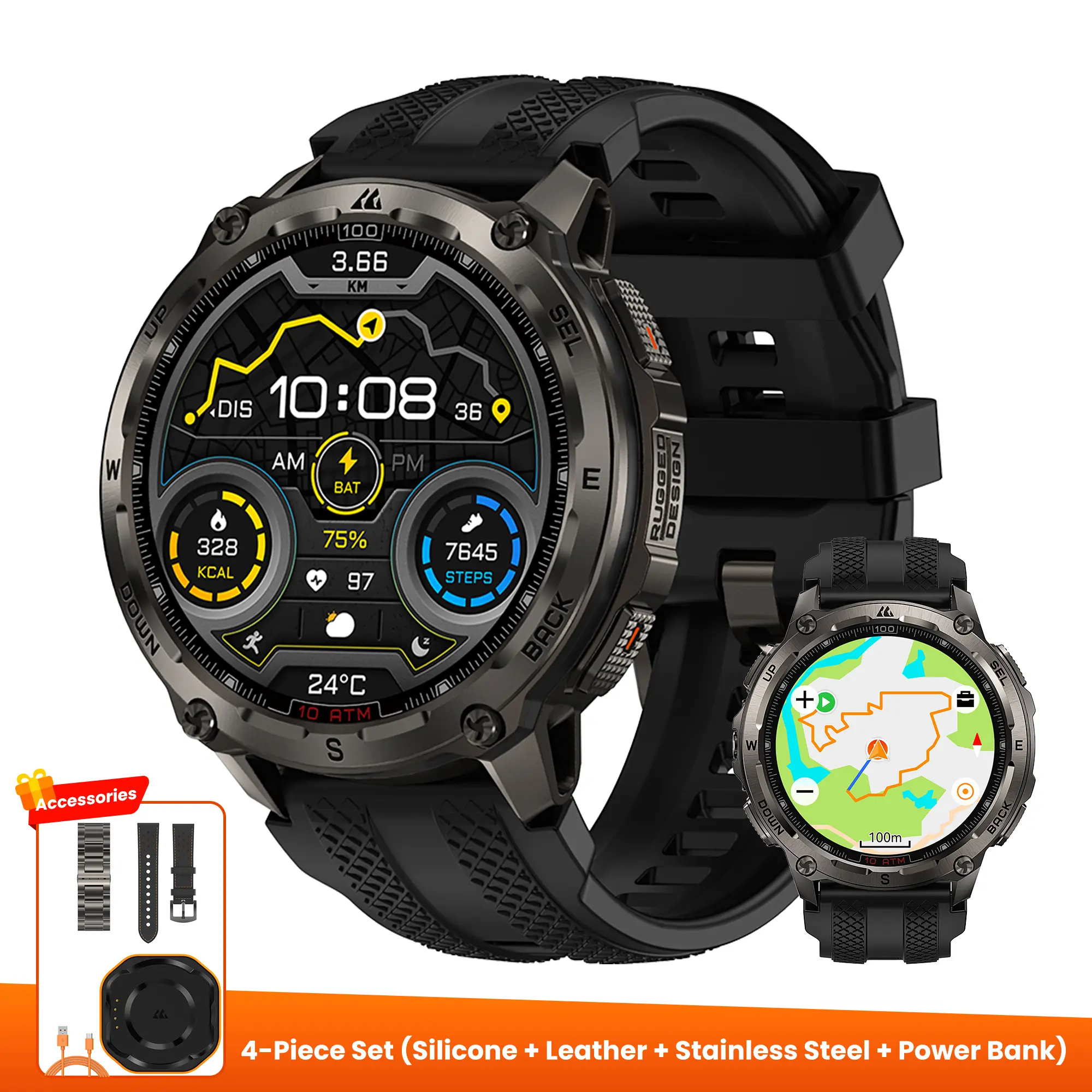 Black+Leather + Stainless Steel + Power Bank