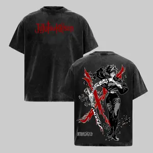 Maki Zenin Jujutsu Kaisen Culling Game Vintage Washed Heavy Cotton Oversized Anime Manga T-Shirt, Double Printed Bootleg Graphic Tee, Y2K Aesthetic Retro Unisex Streetwear Gym Pump Cover Acid Wash Faded JJK Demon Otaku Gift TikTok Trend Top