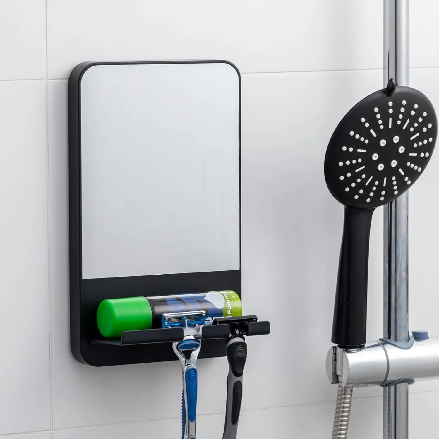 Acrylic Wall-Mounted Bathroom Mirror - Sleek Black, 6.3" Tall, 3.4" Thick, Anti-Fog, Anti-Rust, Shatterproof, Suction Cup, Dual Razor Holder, Storage Tray, Low-Maintenance for Shower & Makeup Removal Use, Stainless Steel Build