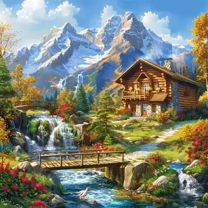 Beautiful Mountain Cabin Stream Waterfall Art Painting Diamond Painting 5D DIY Diamond Painting Kit Full Drill Square Round Diamonds Embroidery Cross Stitch Art Craft Home Wall Decor Unique Art Gift For Living Room Bedroom Handmade Decorative Painting Set