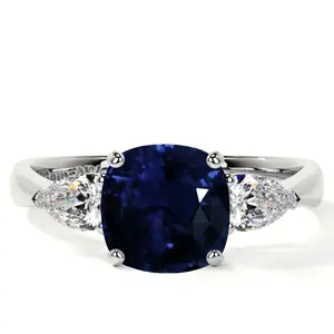 Square Cushion Blue Sapphire Three Stone Ring With Pear Shape Side Diamonds (2.89cttw)- RBS061-8X8-AA