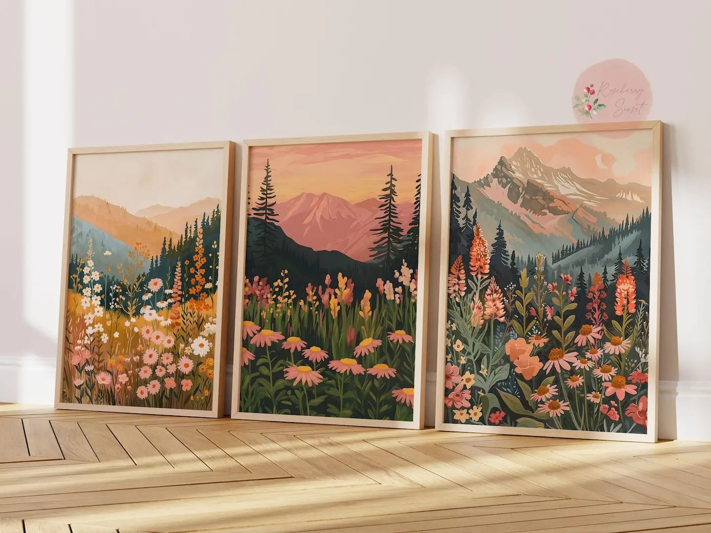 Set of 3 Boho Daisy Mountain Sunset Landscape Art Earth Tones Boho Sunset Wildflower Daisy Flower Art