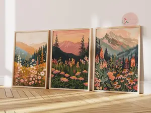 Set of 3 Boho Daisy Mountain Sunset Landscape Art Earth Tones Boho Sunset Wildflower Daisy Flower Art