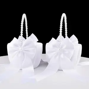2 PSC Wedding Flower Girl Basket with Pearl Handle Cute White Flower Basket for Flower Girl
