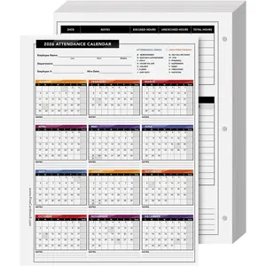 2026 Attendance Calendar Card Stock Paper – Great Employee Work Tracker | Bright & Colorful, Printed on Durable & Thick 80lb Cover (216gsm) Cardstock | 3 Hole Punched | 8.5 x 11" | 25 Sheets per Pack