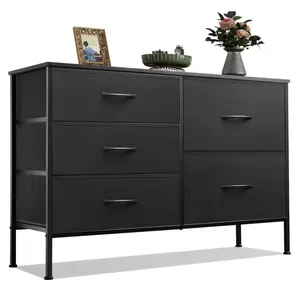 5-Drawer Fabric Dresser with Built-in Organizers | Modular Wide Storage Cabinet for Bedroom, Closet, Hallway | Easy Assembly Multi-Use Chest