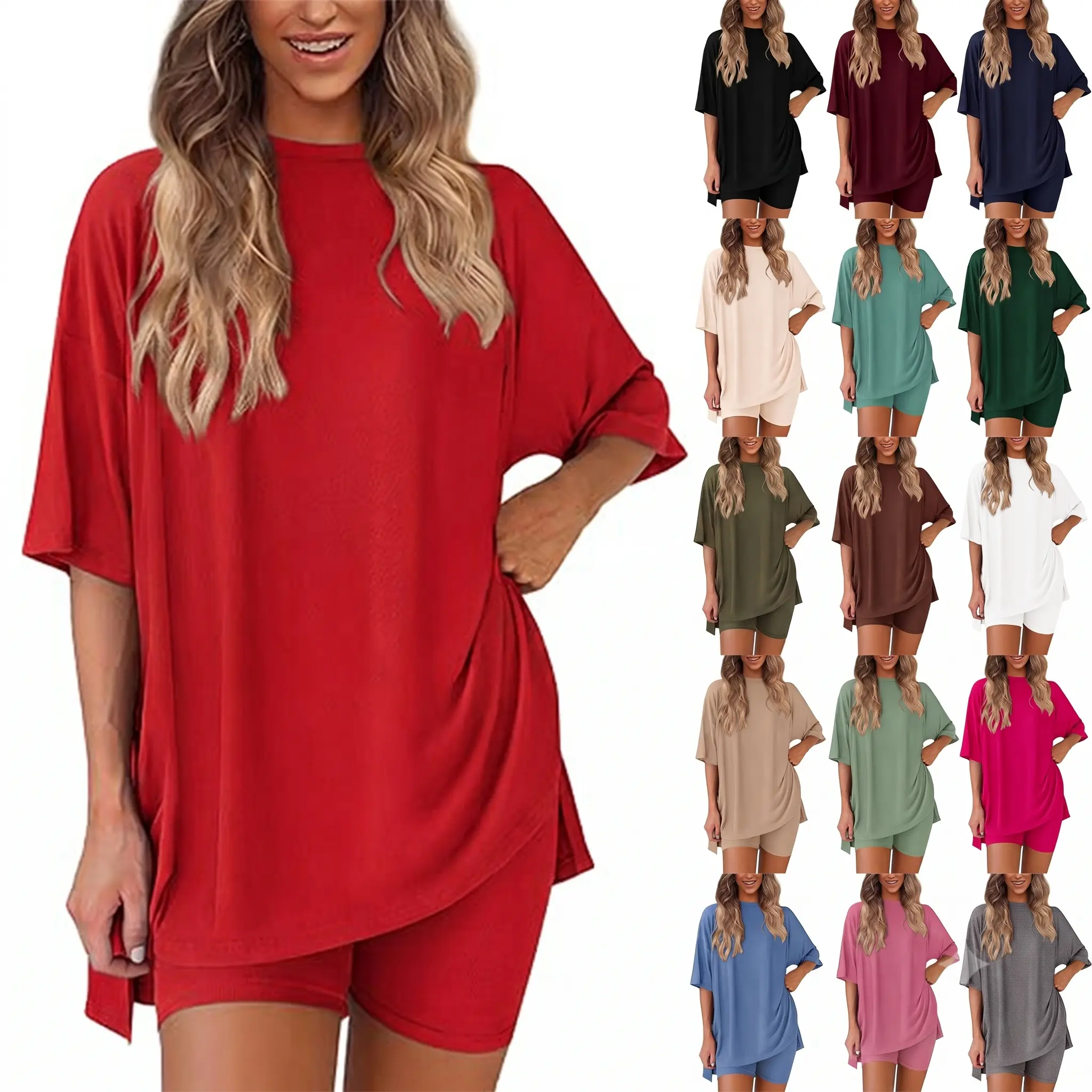 Women's 2 Piece Lounge Sets Oversized Short Sleeve Tunic Top and High Waisted Biker Shorts Matching Set Tracksuit Activewear