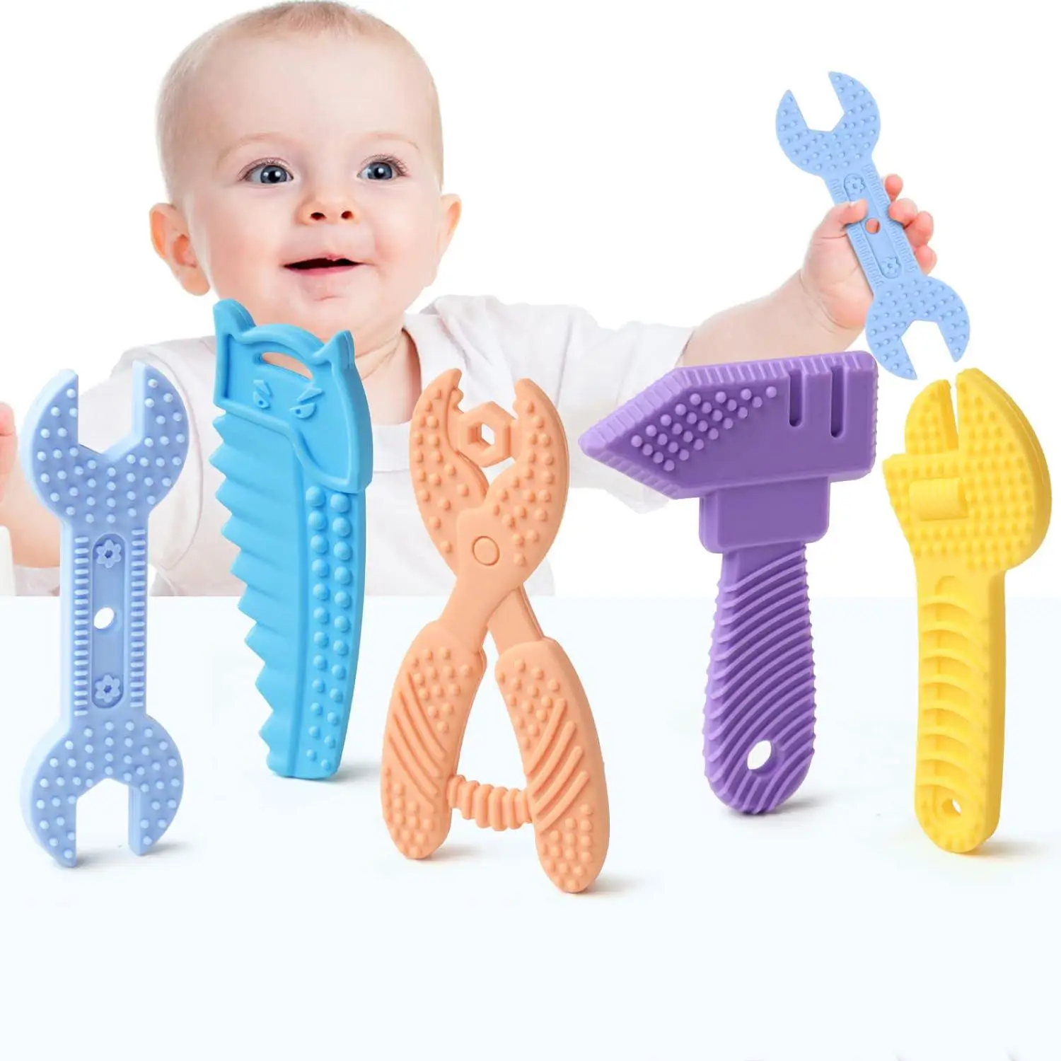 Baby Teether Toy, 5 Counts/set Hammer Wrench Screwdriver Shaped Silicone Teether Toy, Soft Textures Baby Soothing Teether, Newborn Teether Toy