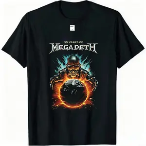 Megadeth 35 Years Fire Skull Burning Globe Tee  | 100% Pure Cotton | Lightning Metal Graphic | Metalhead Essential