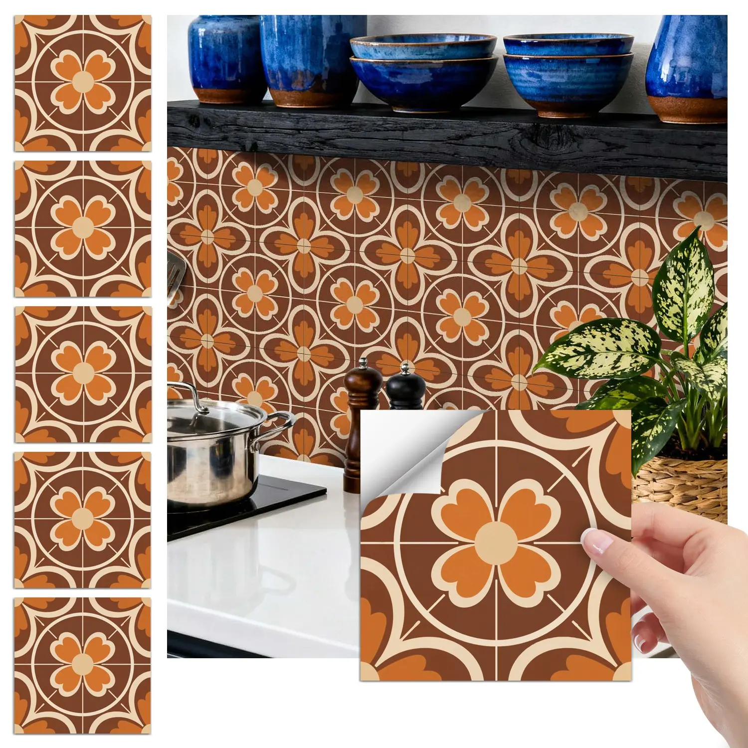 24PCS FHZ Brown-Orange Vintage Floral Tile Stickers | PET Matte Peel & Stick Backsplash | Waterproof Oil-Proof Decor for Home & Office