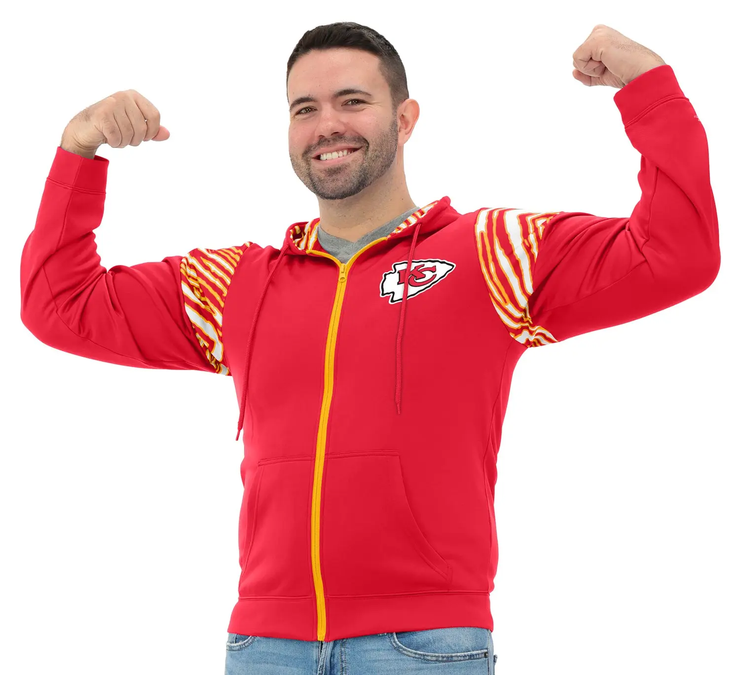 Zubaz NFL Kansas City Chiefs Men's 3 Color Zebra Bands and Hood Liner Play Action Full-Zip Hoodie