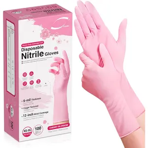 Disposable  Dishwashing Gloves, Extended 12 Inches Cuff, 6-mil, Cherry Blossom Cleaning Gloves, Latex-Free